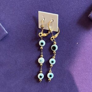Pretty Bird Evil Eye Gold and Blue Dangle Earrings